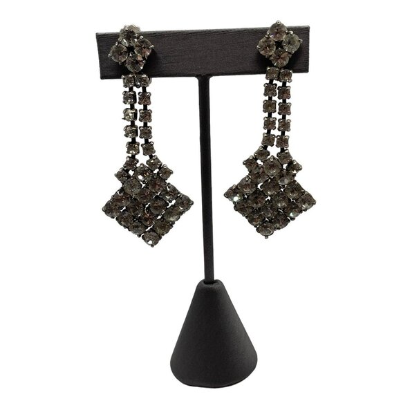 VTG  Mid Century Clear Rhinestone Dangle Drop Clip On Earrings Wedding Prom Read - Picture 2 of 10